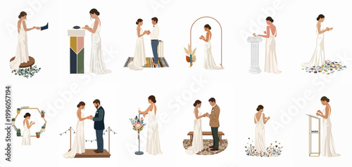 A collection of minimalist flat vector illustrations depicting various modern wedding ceremony scenes with brides and grooms exchanging rings.