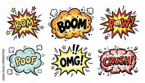 Set of hand drawn elements doodle comics isolated on white background. Speech bubbles with the words bom, boom, pow, poof, omg, crush

