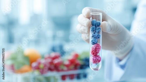 Blueberry and raspberry test tube held by scientist for laboratory food analysis and nutritional research suitable for article,Polyphenol Day
