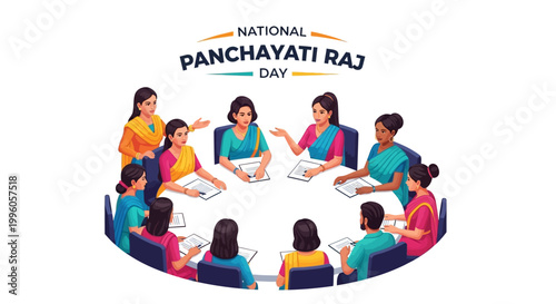 Vector illustration depicting National Panchayati Raj Day with women in a village council meeting, seated around a circular table against a clean white background, designed with bright