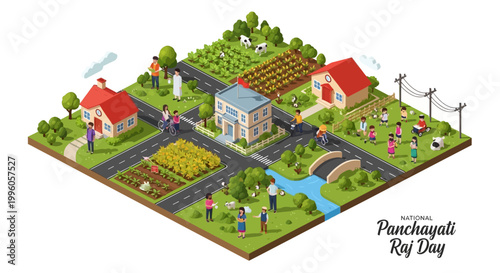 Isometric vector illustration showcases the Panchayati Raj system in India, depicting local governance with village councils and rural development against a clean white background, rendered