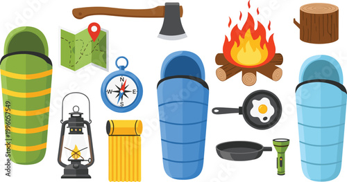 Camping Gear Vector Illustration Collection Featuring Sleeping Bags, Map, Axe, Campfire, Lantern, Compass, Frying Pans, and Flashlight for Outdoor, Hiking, and Adventure Design Projects