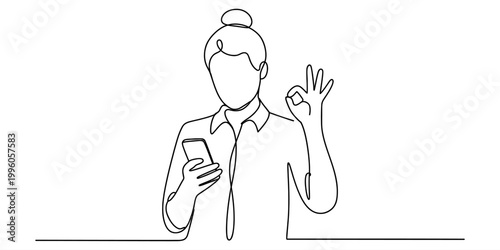 Woman holding smartphone and showing okay sign continuous line