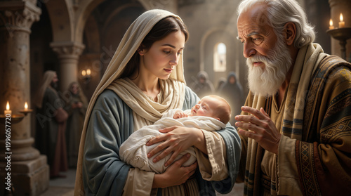 Presentation of the Lord in the Temple. Mary holding baby Jesus with Simeon in a historic stone church. Religious biblical scene