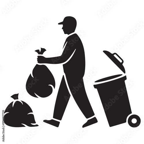 Garbage Collector Man with Trash Bags and Bin Silhouette