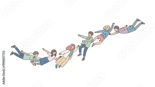 Soaring Together: A group of individuals experiencing weightlessness, evoking a sense of liberation, freedom, and the lightness of defying gravity, illustrating the joy of shared experience.