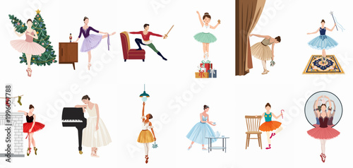 Set of twelve vector illustrations showing ballet dancers and ballerinas in different festive Christmas and Nutcracker holiday scenes with various props and costumes.