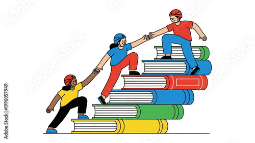 Collaborative Ascent: Illustration of individuals working together to ascend a stack of books, representing shared learning and mutual support.