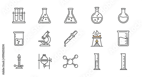 Collection of Hand Drawn Science Laboratory Equipment Icons.