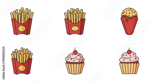 Collection of fast food items including french fries and cupcakes.