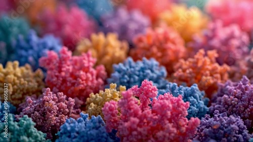 Colorful microscopic organic cellular structures growing and moving in macro environment