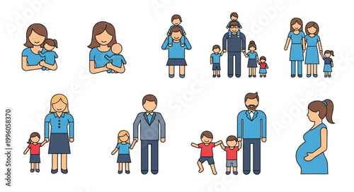 Diverse Family Units Depicted in Flat Design Style.