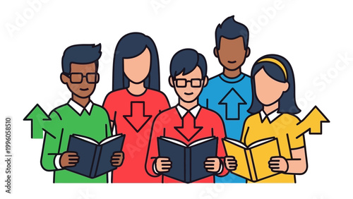 Fotografía Young Readers United: A group of diverse readers, each engrossed in their books, symbolized by the direction of arrows, signifying the journey of shared knowledge and growth