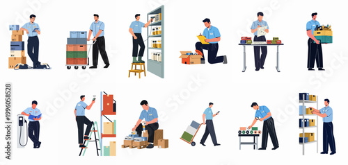 Flat illustration set of warehouse workers and logistics staff performing various inventory, stock management, and delivery tasks on a white background.