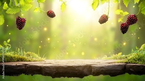 Beautiful lush forest scene with fresh blackberries hanging from branches and soft light illuminating vibrant greenery