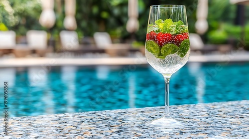 Refreshing drink with strawberries and mint in glass placed by shimmering poolside in a sunny tropical resort setting