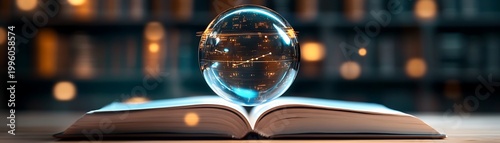 Crystal ball with reflections on an open book, showcasing knowledge and exploration in a library setting with blurry background lights