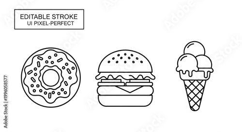 Outline Icons of a Donut Burger and Ice Cream Cone.