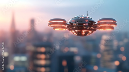 Futuristic Flying Vehicle over Urban Landscape at Dusk, Surreal City Scenery, Advanced Technology and Science Fiction Concept