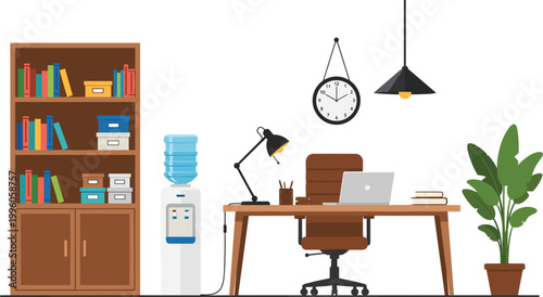 Modern Office Workspace Vector Illustration Featuring Desk, Laptop, Bookshelf, Chair, Lamp, Clock, Plant, and Water Cooler for Productivity, Organization, and Business Design Projects