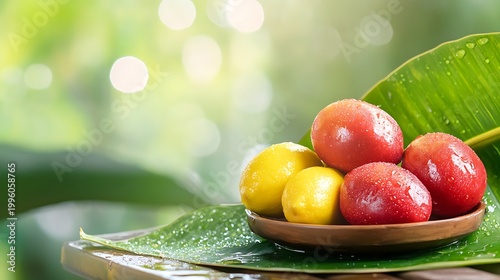 Fresh and Vibrant Assortment of Juicy Red and Yellow Fruits on a Leafy Background in Soft Natural Light