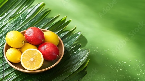Fresh Citrus and Tropical Fruits on Leafy Background with Water Droplets and Bright Colors for Invigorating Summer Vibes