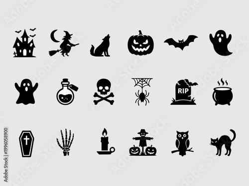 Halloween silhouette icons set with spooky holiday elements and gothic symbols