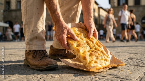 Man in brown boots picks up a large piece of bread from the cobblestone street in a bustling square with people walking in the background during a sunny day in an urban setting