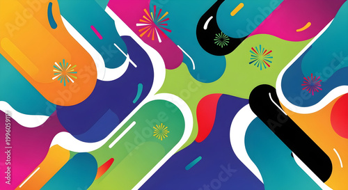 Vibrant abstract artwork features swirling shapes and colorful patterns.