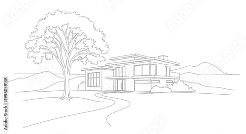 Modern House Sketch, Architectural Drawing, Minimalist Design, Suburban Landscape