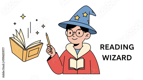 Reading Wizard: A young, bespectacled figure, clad in a wizard's attire, wields a wand, bringing a book to life, accompanied by twinkling stars, creating an image of knowledge and enchantment.