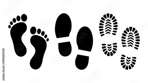 Black footprints and shoe prints silhouette bare foot