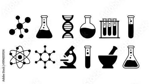 Collection of scientific dna, microscope, beakers, mortar and pestle