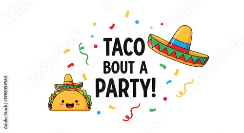 A lively party scene with a taco and a sombrero surrounded by colorful confetti and festive decorations.