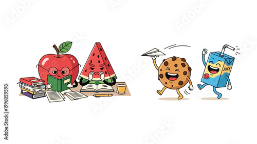 Joyful Characters' Gathering: A whimsical scene unfolds as an apple and watermelon delve into the world of books while a cookie and juice box revel in playful adventures.