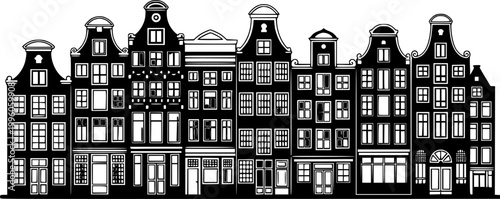 Laser cutting Amsterdam style houses. Silhouette of a row of typical dutch canal view at Netherlands. Stylized facades of old buildings. Wood carving vector template. Background for banner, card