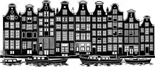 Laser cutting Amsterdam style houses. Silhouette of a row of typical dutch canal view at Netherlands. Stylized facades of old buildings. Wood carving vector template. Background for banner, card