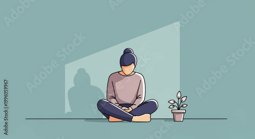 Minimalist vector illustration of a person sitting alone. Mental health, depression and mindfulness concept. Flat design character