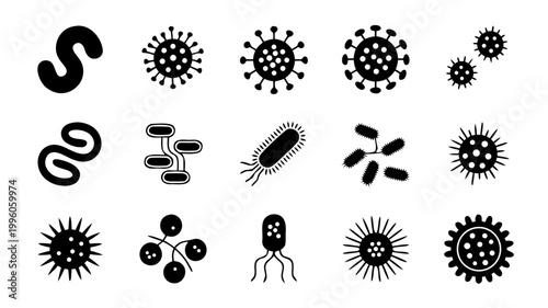 Set of 16 black and white microorganism bacteria virus