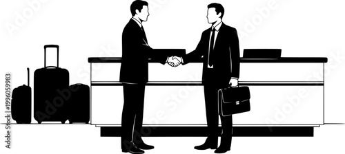 Two business people shaking hands at a reception desk with luggage silhouette

