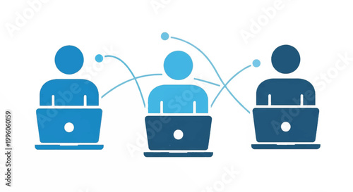 Remote work and team collaboration vector illustration. Digital network connection with people on laptops. Flat design icons of users working online