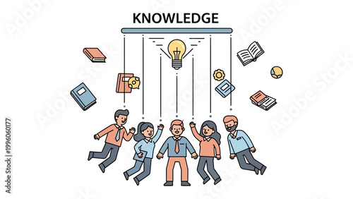 Illumination of Knowledge: A team of individuals reaching towards a lightbulb, symbolizing the pursuit of knowledge and the power of ideas in an illustration.