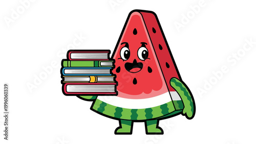 Watermelon Bookworm: An adorable watermelon character with a zest for knowledge, proudly carrying a stack of books, symbolizing the sweetness of learning and the joys of reading.
