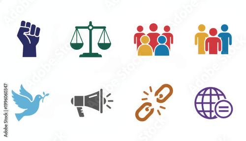 Social justice and human rights icon set. Flat design vector symbols for equality, freedom, and peace. Activism and law concept illustration