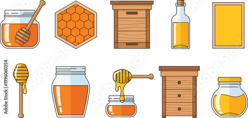 Honey and Beekeeping Vector Illustration Collection Featuring Jars, Dippers, Honeycombs, Beehives, and Frames for Farming, Organic Food, and Nature Design Projects