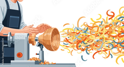 Woodworker shaping bowl on lathe with colorful shavings.