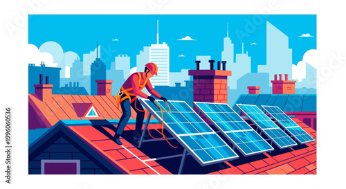 Worker Installing Solar Panels on Rooftop.