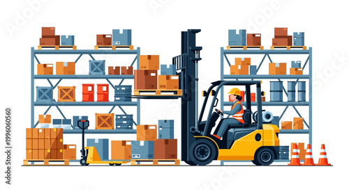 Yellow Forklift Truck Operating in a Warehouse Environment.