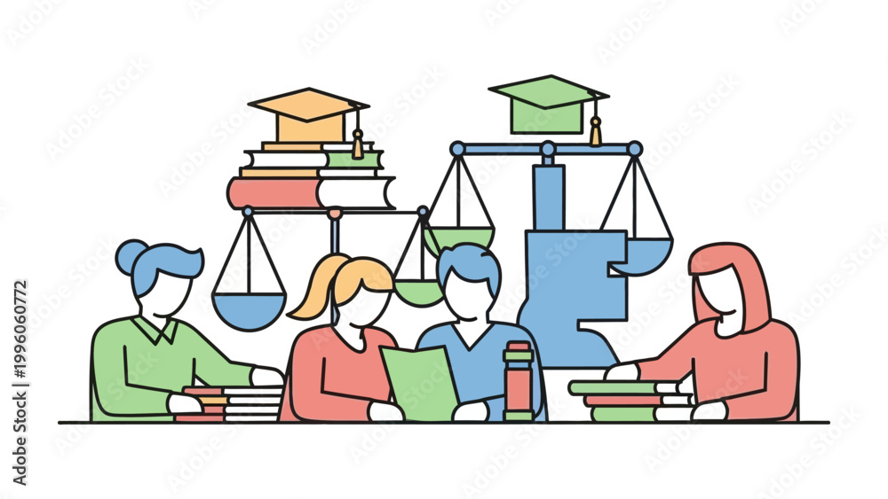 Naklejka premium Law and Education: A symbolic illustration depicting legal studies and academic pursuits, showcasing a blend of knowledge and the pursuit of justice.