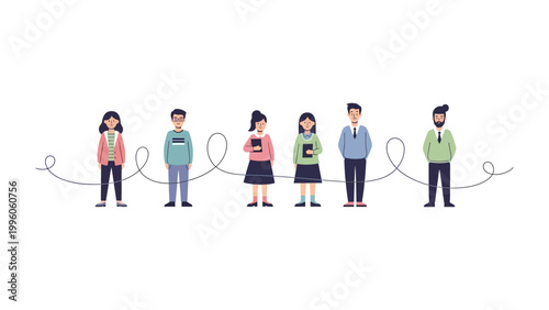 United Community: A diverse gathering of people, connected by an invisible thread, embodies unity, togetherness, and the strength found in shared humanity.